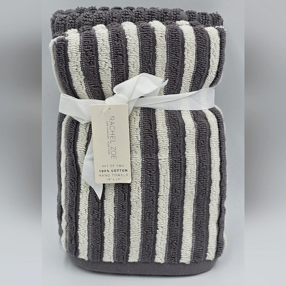 Rachel Zoe 2 Piece 100% Cotton Hand Towel Set Gray White Striped OEKO TEX